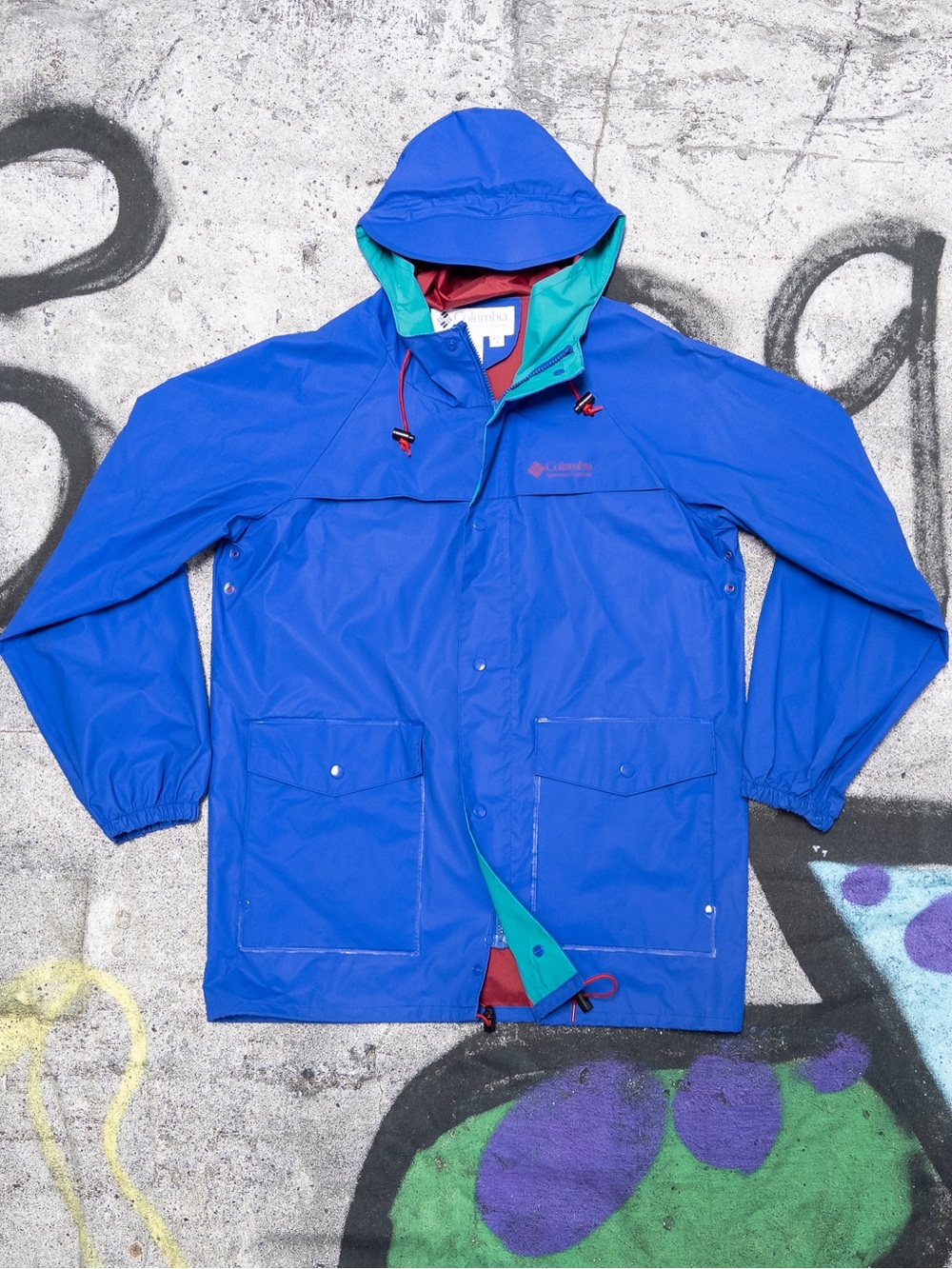 Vintage Columbia Sportswear Colorblock Hooded Rain Jacket Blue, Red, Teal Mens S